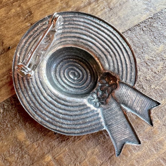 Vintage Gardeners Hat Flower Garden Brooch Pin Red, Yellow & Pink Rhinestones - Picture 5 of 10